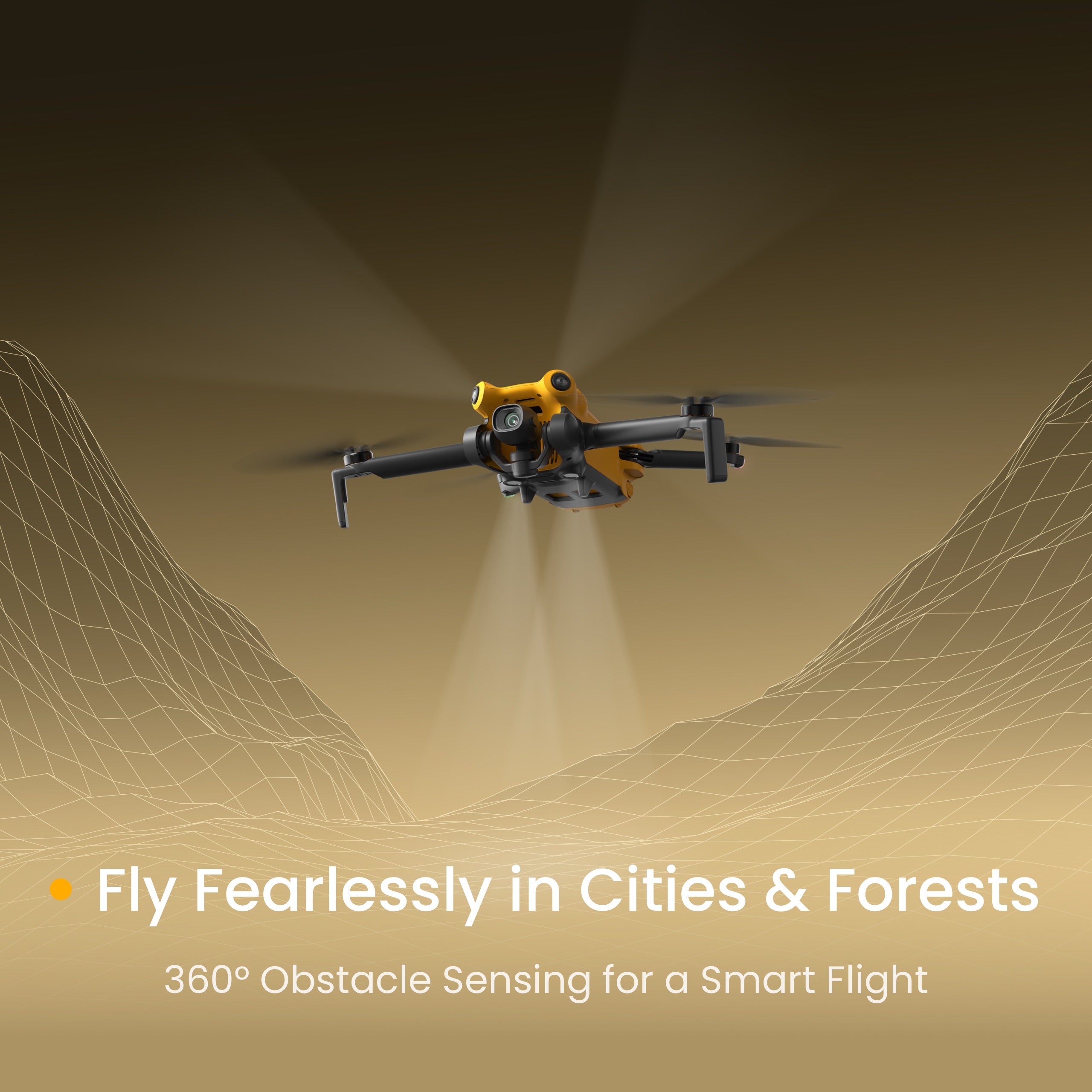 SKYROVER X1 graphic illustrating advanced 360° obstacle sensing technology, enabling safe smart flight in complex environments like cities and forests.