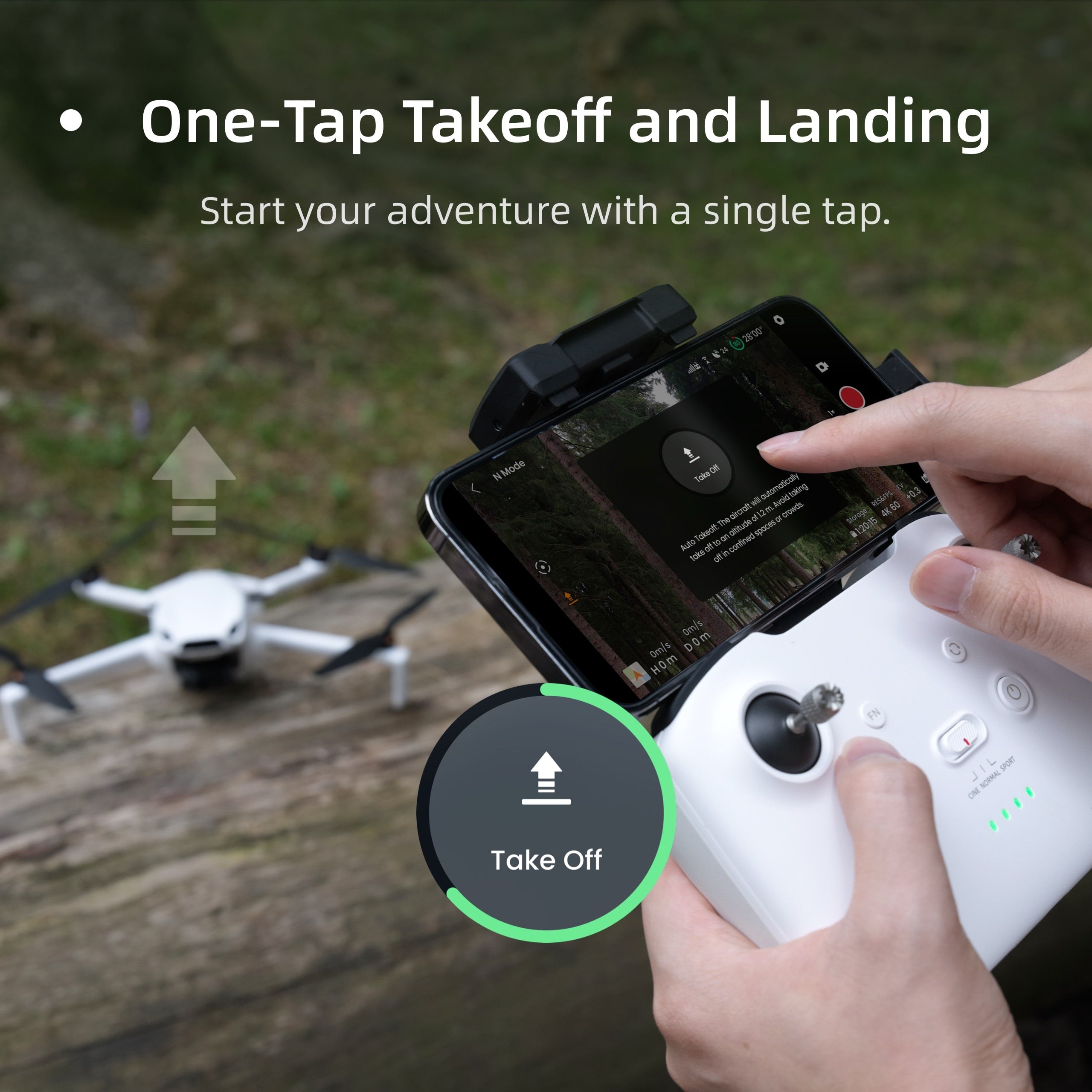 Smartphone screen displaying one-tap takeoff feature for SKYROVER S1, highlighting its beginner-friendly easy-to-fly interface.