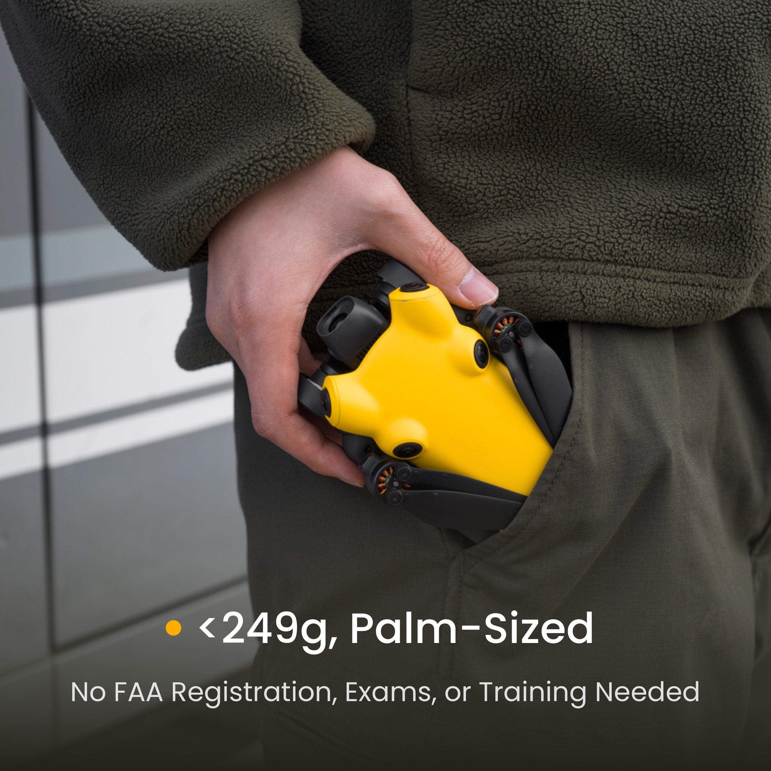 Hand placing folding palm-sized SKYROVER X1 mini drone into a jacket pocket, highlighting its <249g ultra-light weight which requires no FAA registration, exams, or training needed for operation.