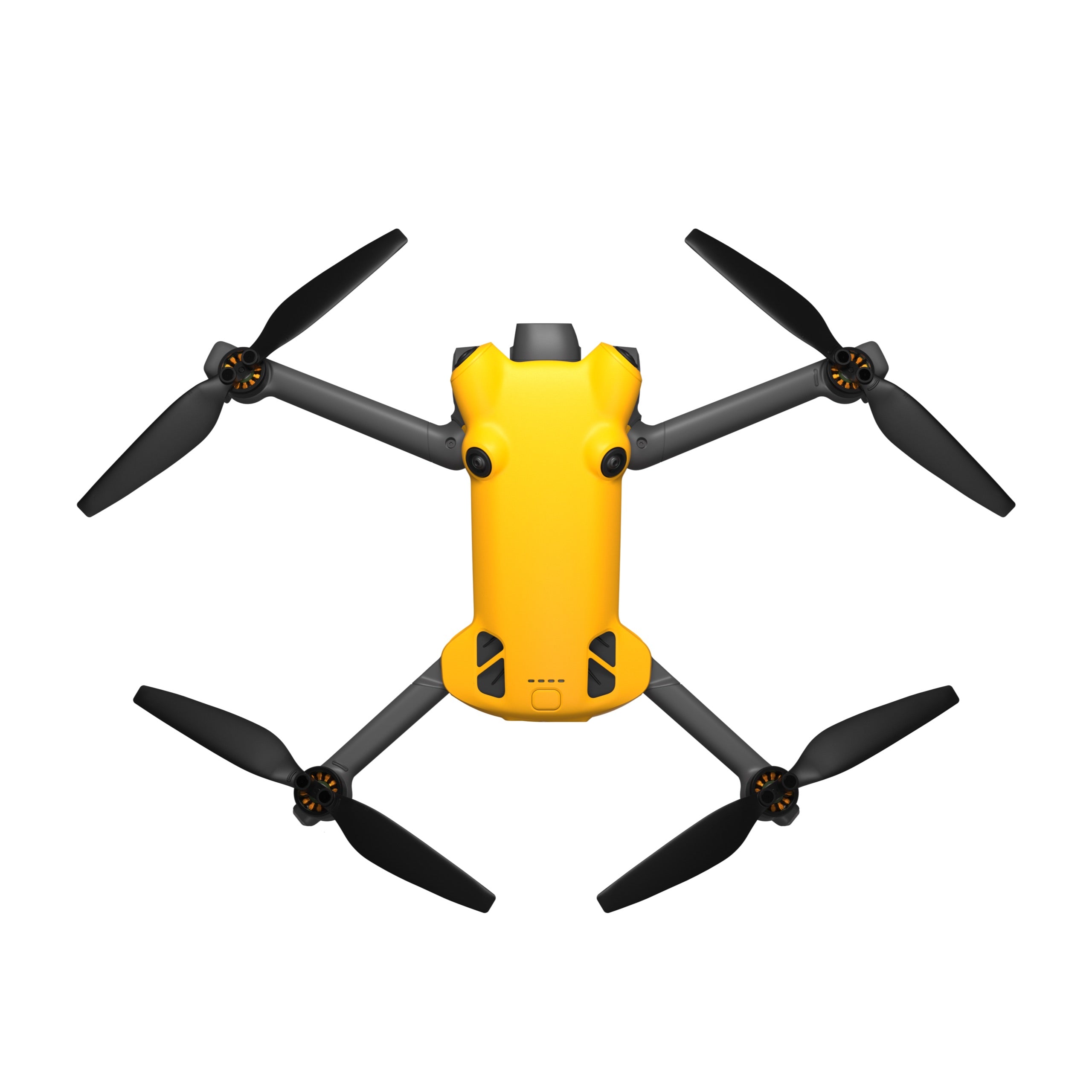 Top-down view of yellow SKYROVER X1 foldable mini drone with propellers extended, showcasing its compact aerodynamic design.