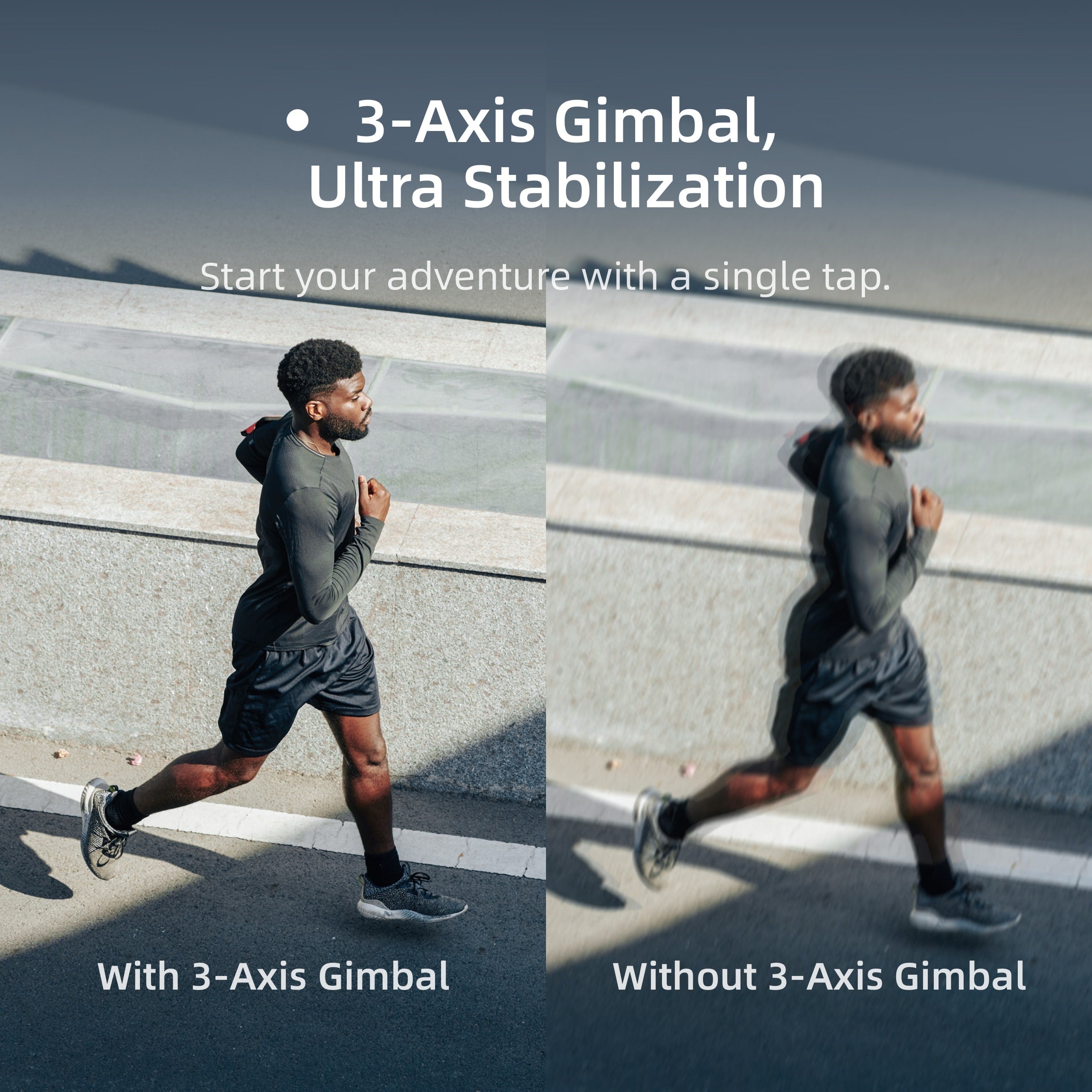 Comparison graphic showing SKYROVER S1 3-Axis Gimbal stabilization creating smooth cinematic video versus blurry footage without a gimbal.