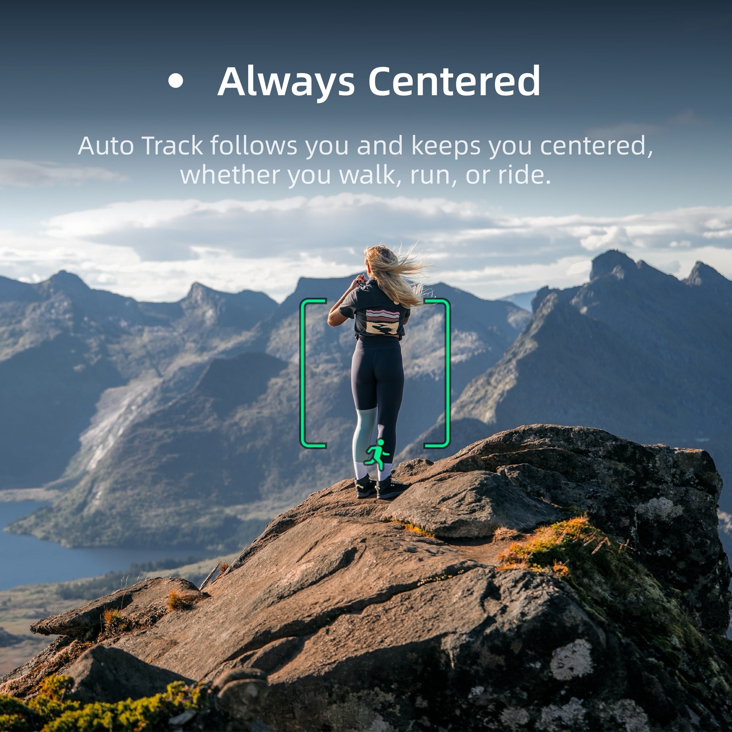SKYROVER S1 Auto Track feature keeping a subject centered while hiking, demonstrating smart follow me mode.