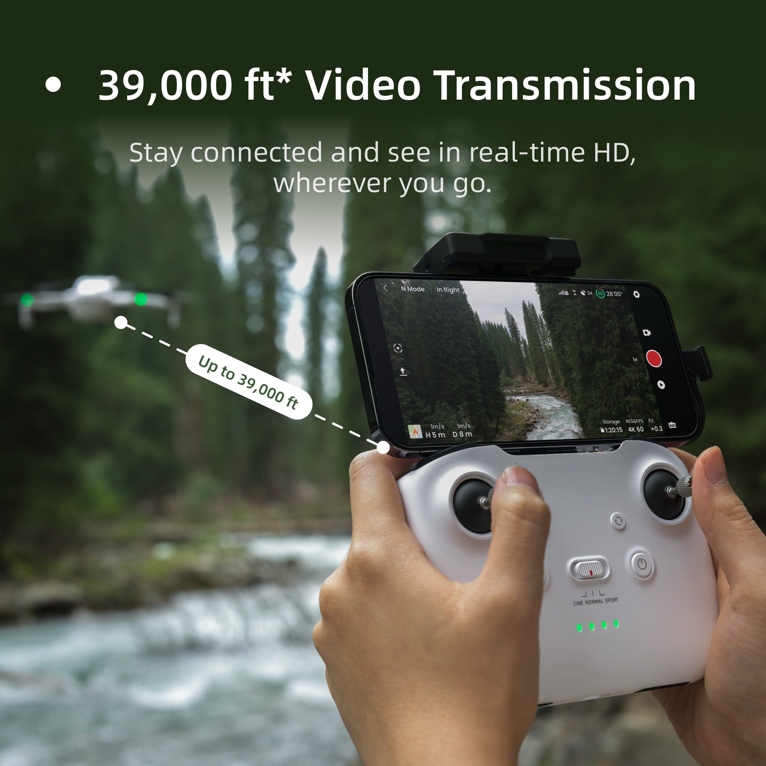 Controller screen showing 1080p live feed from SKYROVER S1, illustrating the massive 39000ft SkyBridge transmission range.