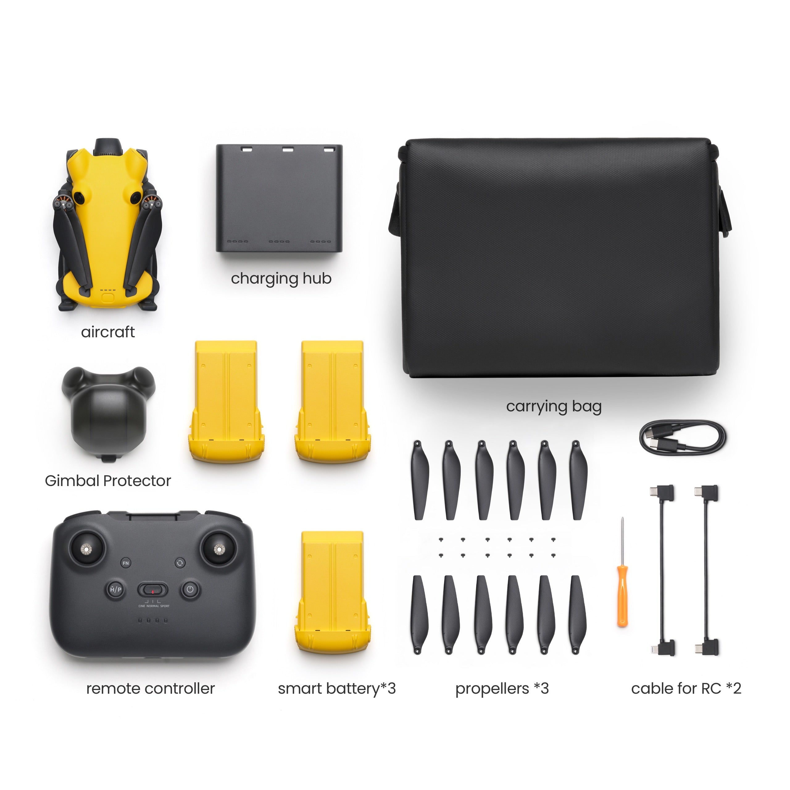 SKYROVER X1 Fly More Combo contents including yellow drone, 3 smart batteries, charging hub, and carrying bag for extended flight time.